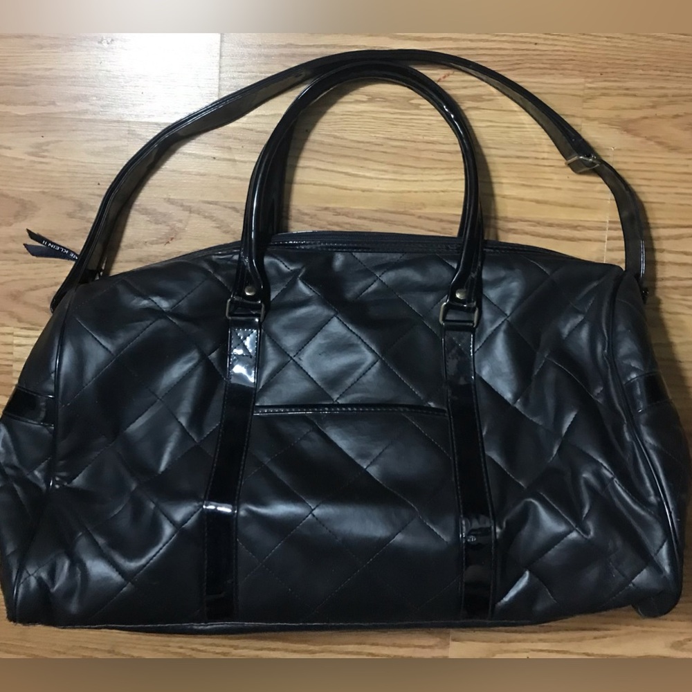 Anne Klein Black Faux Leather Duffle Bag Crossbody Detachable Strap 18x12”
